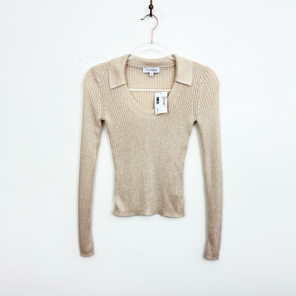 Intermix Gold U Neck Collared Rib Knit Sweater NWT - image 2